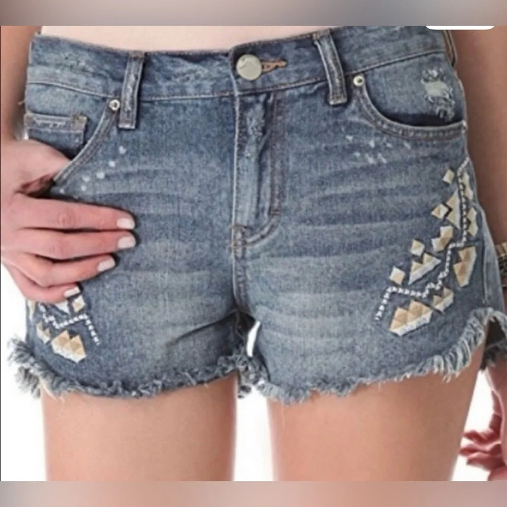Free People Tulum Embroidered Jean Shorts Sz 28 Festival Ready